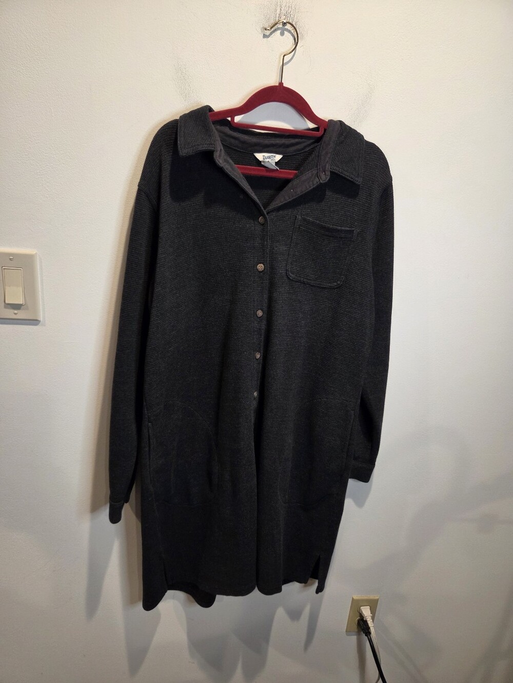 Duluth Size L Gray Waffle Knit Button Down Shirt Dress Pockets